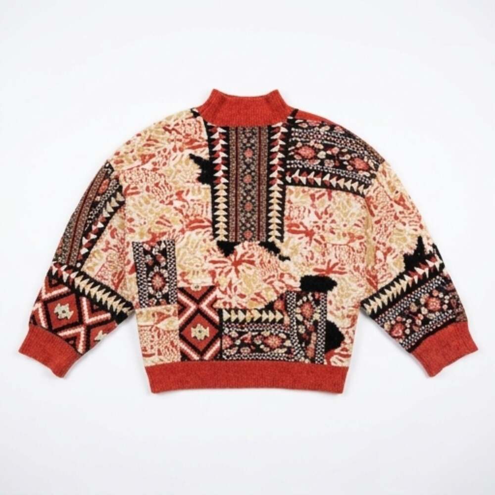 POL Mock Neck Aztec Patchwork Sweater Boho Festival Unique Size M